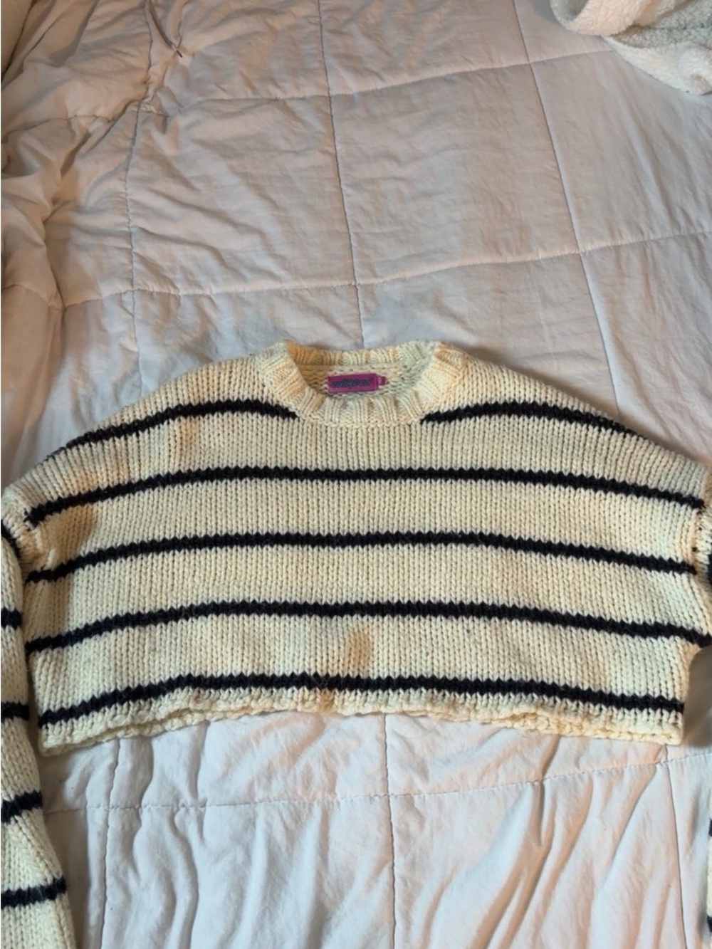 Edikted Cream and Black Striped Cropped Crew Sweater